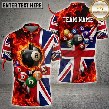 Maxcorners Billiards Union Jack Flag Flaming 8 Ball And Golden Pool Balls Personalized Name 3D Unisex Shirt