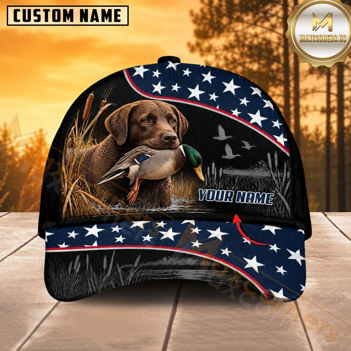 Maxcorners Dog Hunting And Duck Black Navy American Stars And Stripes Personalized Name 3D Cap