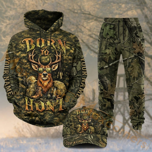 Maxcorners Hunting Born To Hunt Deer Antlers Woodland Camo Personalized 3D Combo Hoodie, Sweatpants Set & Cap