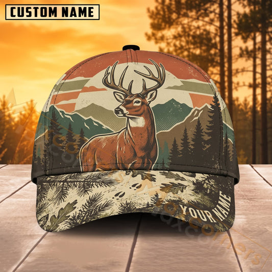 Maxcorners Deer Hunting Vintage Sunset Mountain Buck Personalized Name 3D Cap