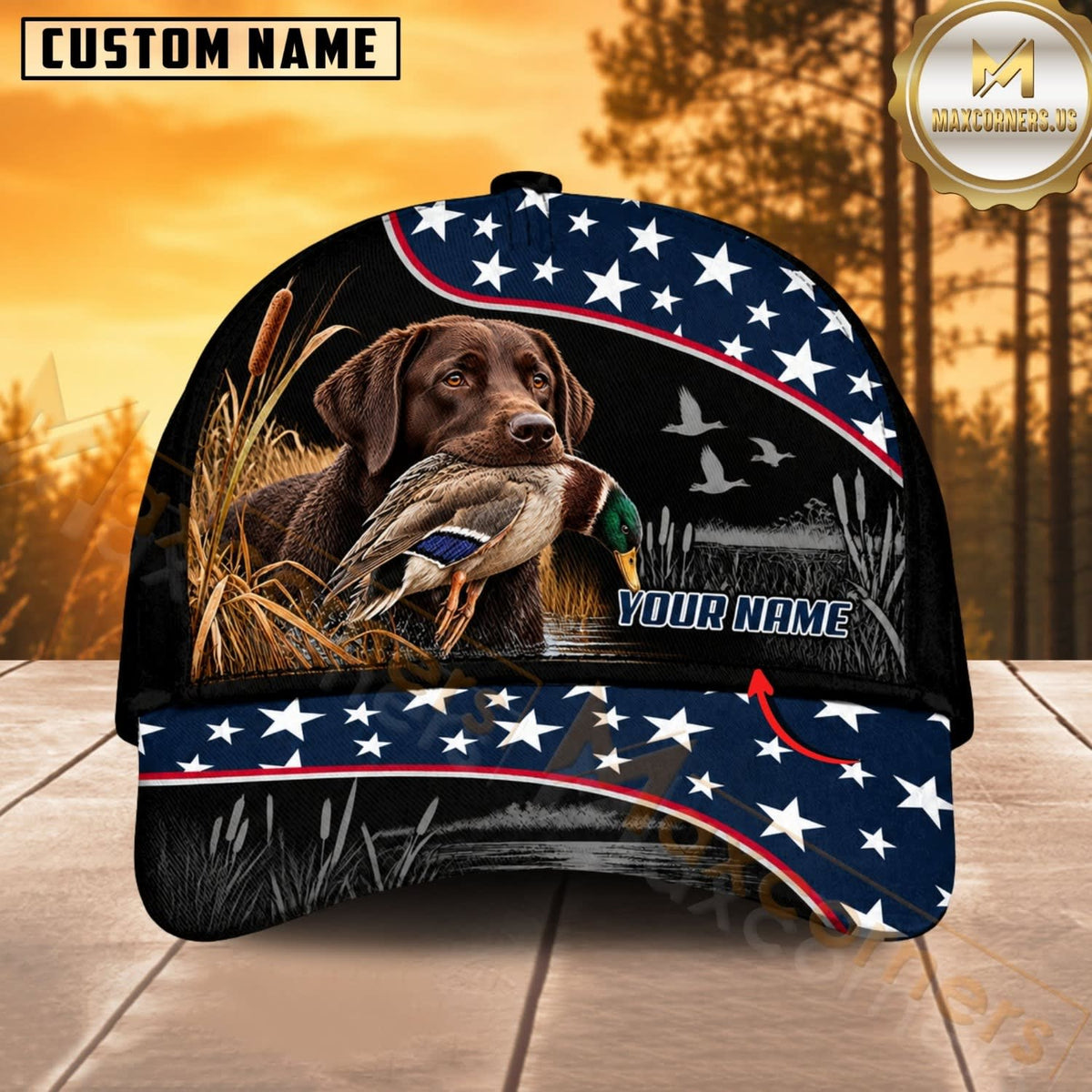 Maxcorners Dog Hunting And Duck Black Navy American Stars And Stripes Personalized Name 3D Cap