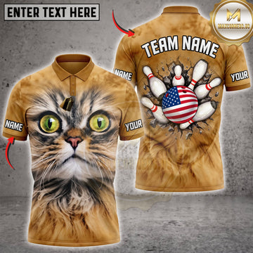 Maxcorners Bowling Cute Grumpy Cat Green Eyes American Flag Bowling Pins Personalized Name 3D Unisex Shirt