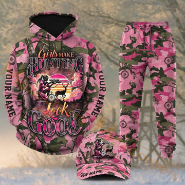 Maxcorners Hunting Pink Deer Skull Floral Camo Personalized 3D Combo Hoodie, Sweatpants Set & Cap