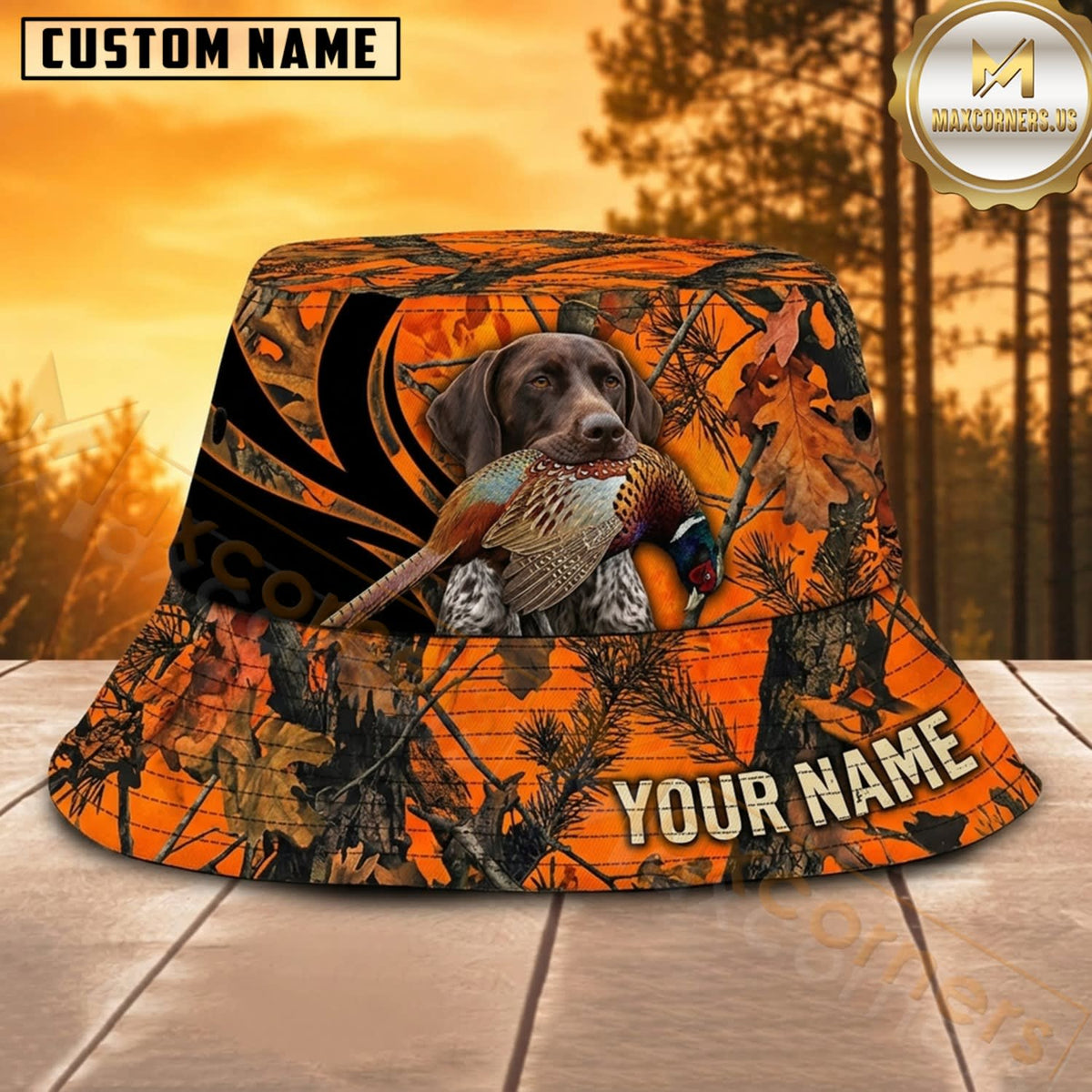 Maxcorners Labrador Hunting Blaze Orange Forest Personalized Name 3D Bucket Hat