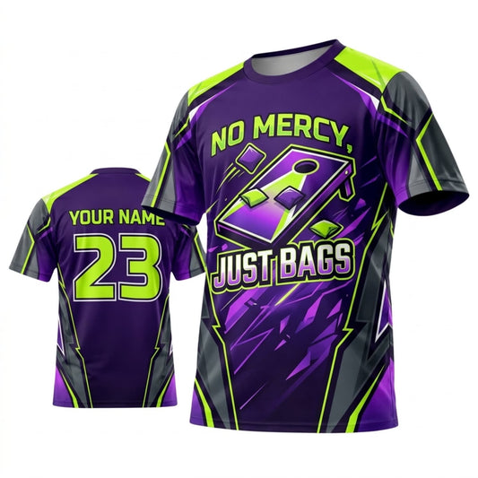 Maxcorners Cornhole No Mercy Just Bags Neon Green Purple Personalized Name 3D Unisex Shirt