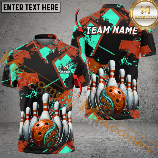 Maxcorners Ball And Pins Two World Collapse Graffiti Bowling Jersey Multicolor Option Customized Name, Team Name 3D Polo Shirt