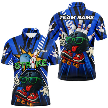 Maxcorners Blue Strikes Funny Bowling Ball Polo Quarter-Zip Shirt For Men Custom Bowling Team Jersey LM0409