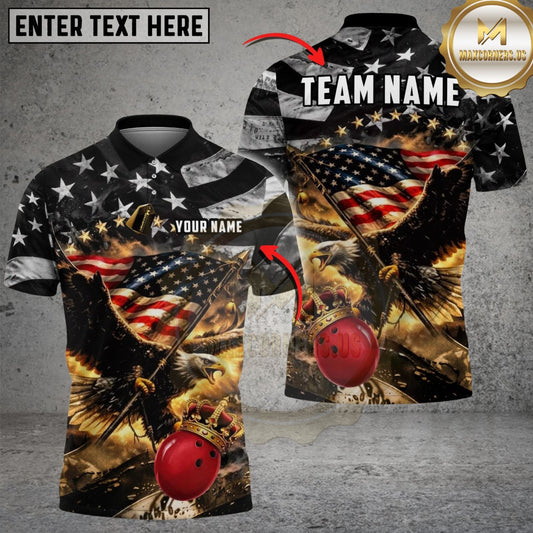 Maxcorners Bowling And Pins Patriotic King American Eagle Customized Name, Team Name 3D Shirt