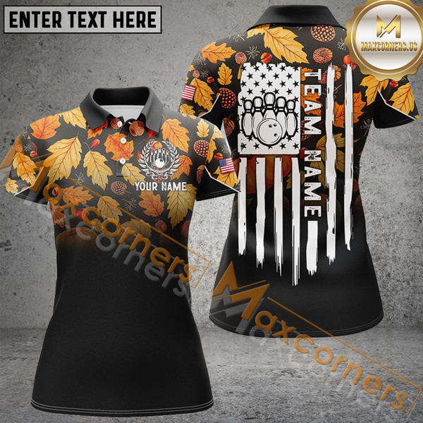 Maxcorners  Autumn Leaf Camo Thanksgiving American Flag Patriotic Bowling Jersey Customized Name 3D Shirt