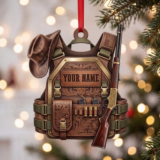 Maxcorners Hunting Brown Leather Vest Cowboy Hat And Rifle Personalized Name 3D Keychain And Ornament