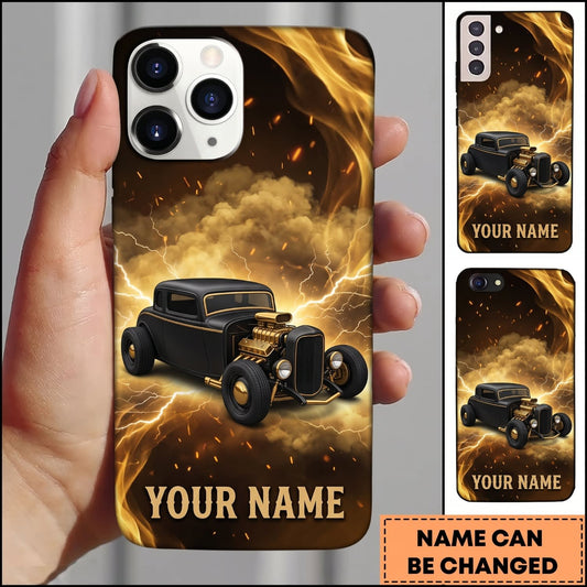 Maxcorners Vintage Hot Rod Golden Smoke and Black Classic Car Personalized Name 3D Phone Case