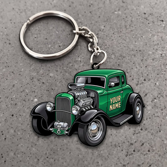 Maxcorners Hot Rod Green Vintage Roadster with Exposed Chrome Engine Personalized Name 3D Keychain And Ornament