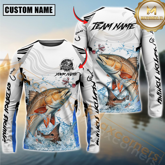 Maxcorners Redfish Fishing White Black Curve Pattern Design Custom Name & Team Name 3D Shirts
