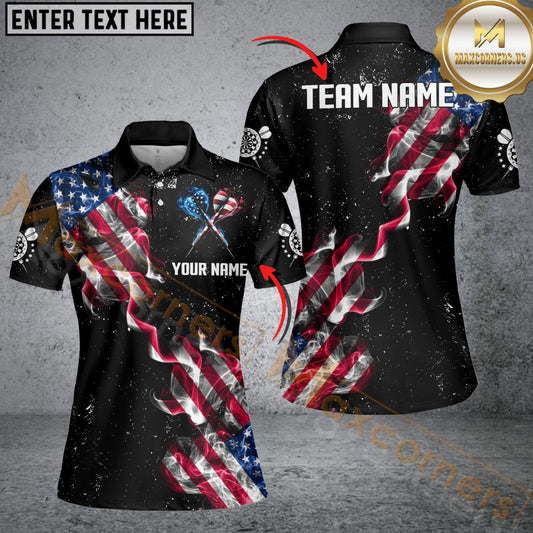 Maxcorners Customized Grunge Us Flag Smoke Darts Polo Shirts, Patriotic Darts Jerseys For Women