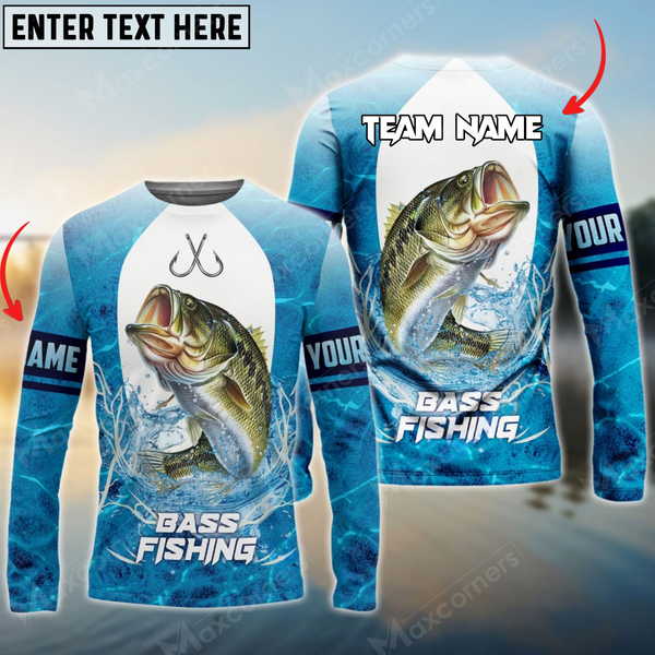 Maxcorners Bass Fishing Blue Wave Personalized Name, Team Name 3D Long Sleeve Shirt