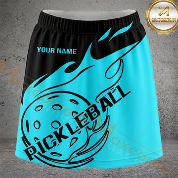 Maxcorners Pickleball Aqua Flame Ball Typography Personalized 3D Skort, Skirts With Shorts
