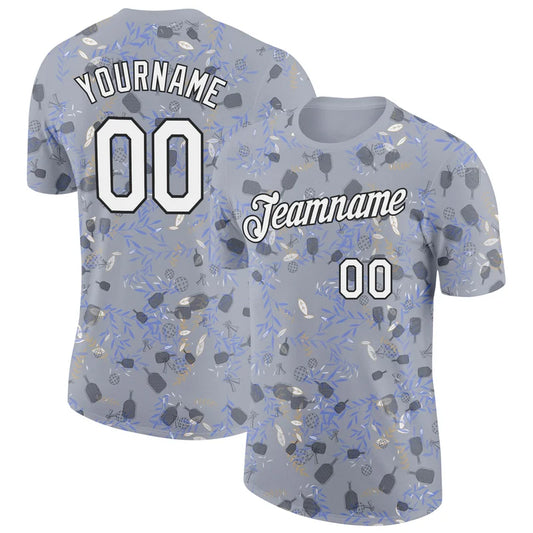 Maxcorners Pickleball Paddle Ball Blue Grey Botanical Foliage Pattern Personalized Name 3D Unisex Shirt