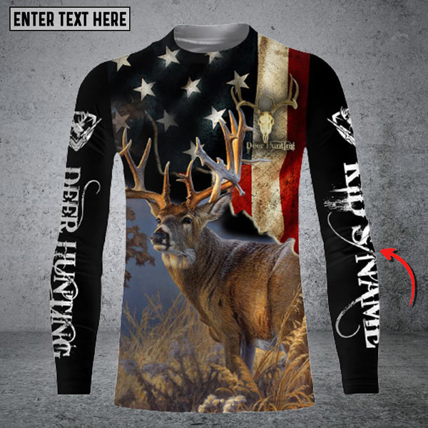 Maxcorners Personalized Name Deer Hunting American Flag Long Sleeve Shirt