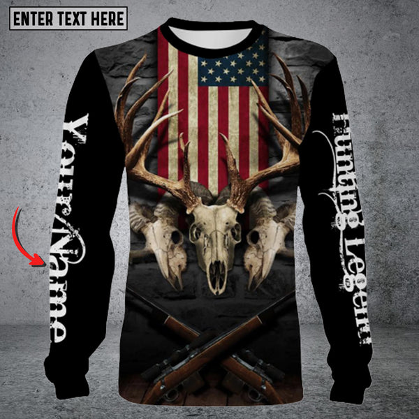 Maxcorners Personalized Name  Deer Hunting US Flag Long Sleeve Shirt