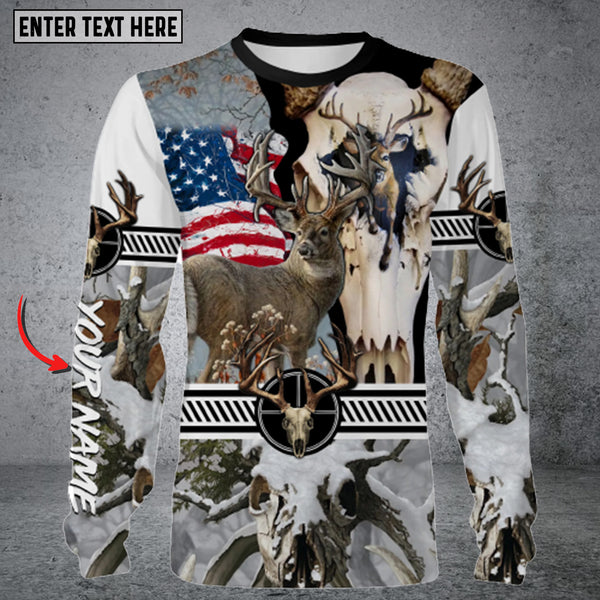 Maxcorners Personalized Name Deer Hunting US Flag Long Sleeve Shirt