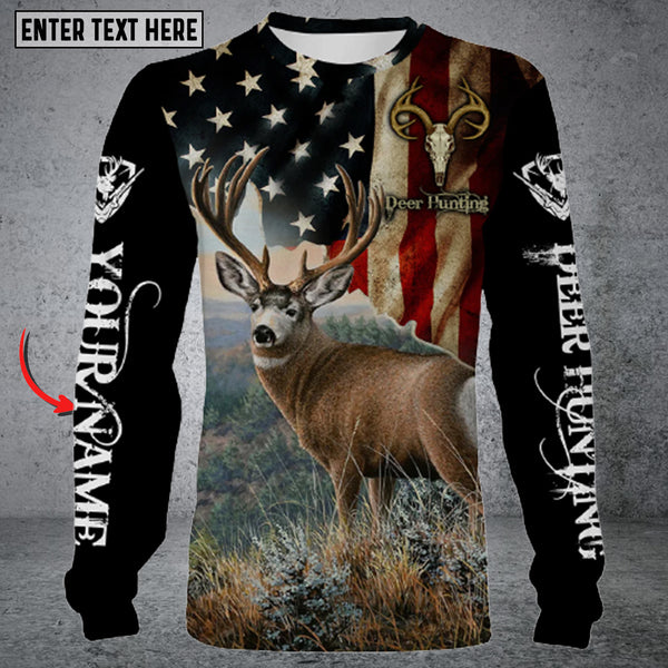 Maxcorners Personalized Name US Flag Deer Hunting Long Sleeve Shirt