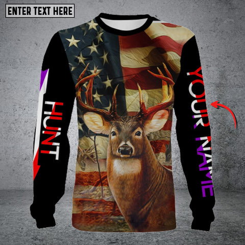 Maxcorners Personalized Name US Flag Deer Hunting Long Sleeve Shirt