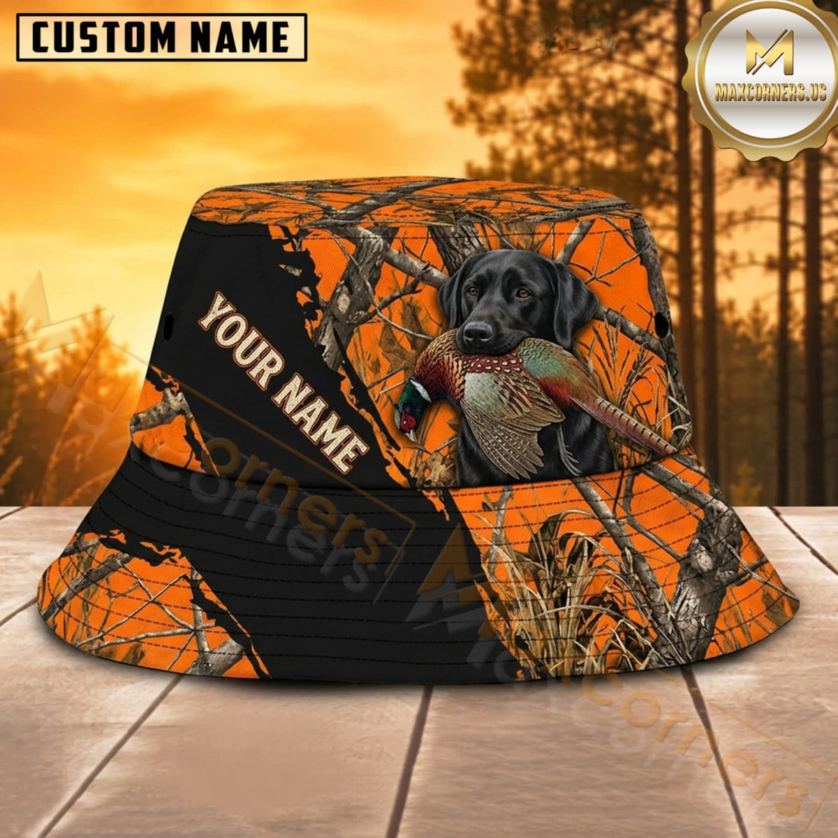 Maxcorners Waterfowl Hunting Dog Orange Black Panel Personalized Name 3D Bucket Hat
