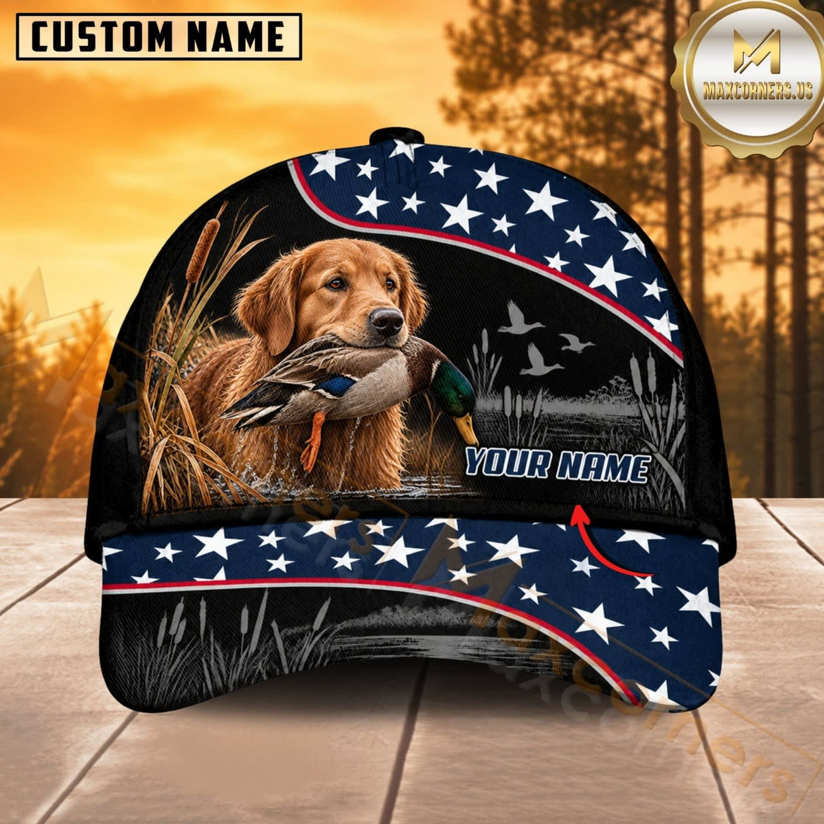 Maxcorners Dog Hunting And Duck Black Navy American Stars And Stripes Personalized Name 3D Cap