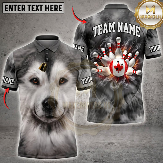 Maxcorners Bowling Cute Fluffy Gray Dog Canadian Maple Leaf Bowling Pins Personalized Name 3D Unisex Shirt