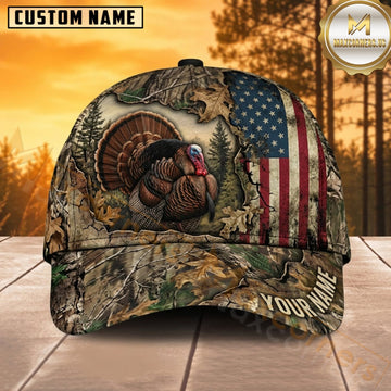 Maxcorners Turkey Hunting Wild Turkey American Flag Patriotic Forest Camo Customized Name 3D Cap