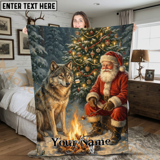Maxcorners Cozy Santa Claus and Grey Wolf by Campfire Personalized 3D Blanket