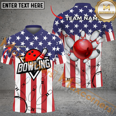 Maxcorners Ball And Pins Basic US Flag Bowling Jersey Multicolor Option Customized Name, Team Name 3D Polo Shirt