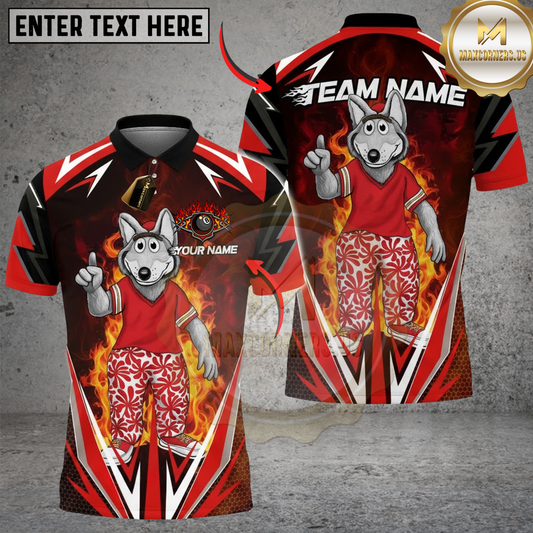 Maxcorners Billiard Wolf Mascot Flames Multicolor Customized Name, Team Name 3D Shirt