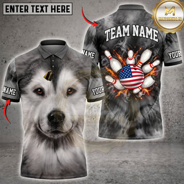 Maxcorners Bowling Cute Fluffy Gray Dog American Flag Bowling Pins Personalized Name 3D Unisex Shirt