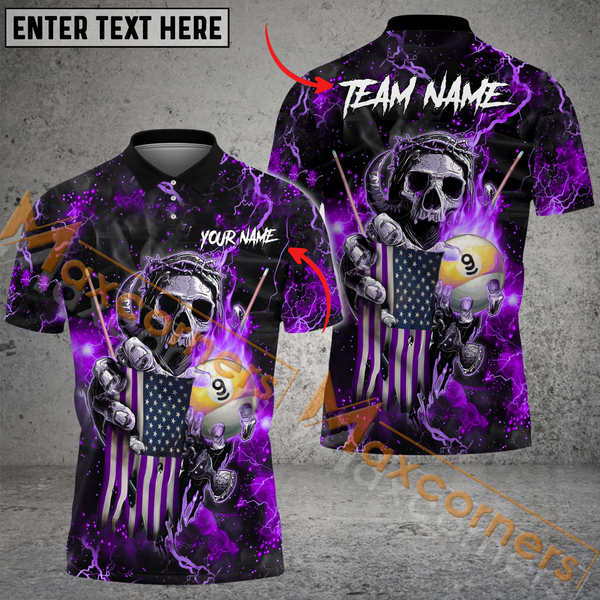 Maxcorners Ball 9 Fire Skull US Flag Billiard Jersey Multicolor Options Personalized Name, Team Name 3D Polo Shirt (4 Colors)