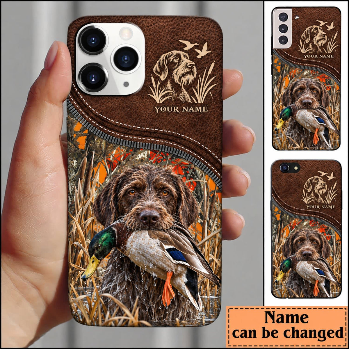 Maxcorners Duck Hunting Golden Retriever Brown Leather Hunting Badge Personalized Name 3D Phone Case - German Wirehaired Pointer