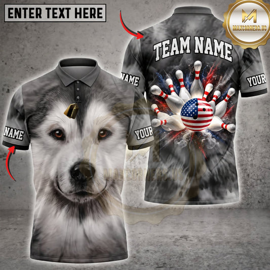 Maxcorners Bowling Cute Fluffy Gray Dog USA Patriotic Bowling Ball Personalized Name 3D Unisex Shirt