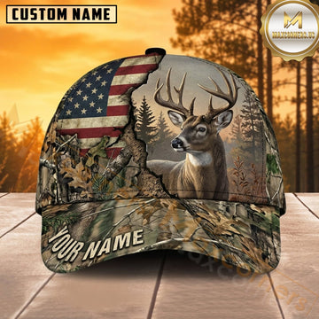 Maxcorners Deer Hunting Whitetail Buck American Flag Big Buck Woodland Camo Customized Name 3D Cap