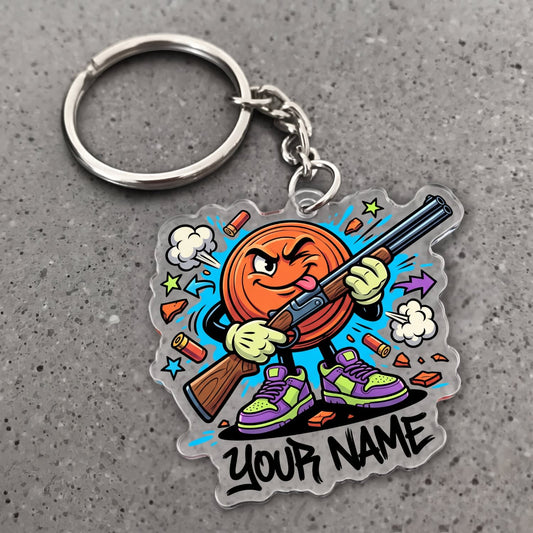 Maxcorners Clay Shooting Funny Cartoon Clay Target With Shotgun Customized Name 3D Keychain And Ornament