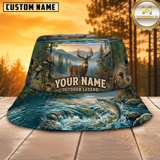 Maxcorners Deer Hunting Blue Mountain River Personalized Name 3D Bucket Hat