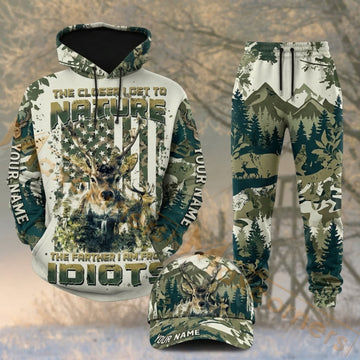 Maxcorners Hunting Nature Deer Mountain Forest White Green Camo Personalized 3D Combo Hoodie, Sweatpants Set & Cap