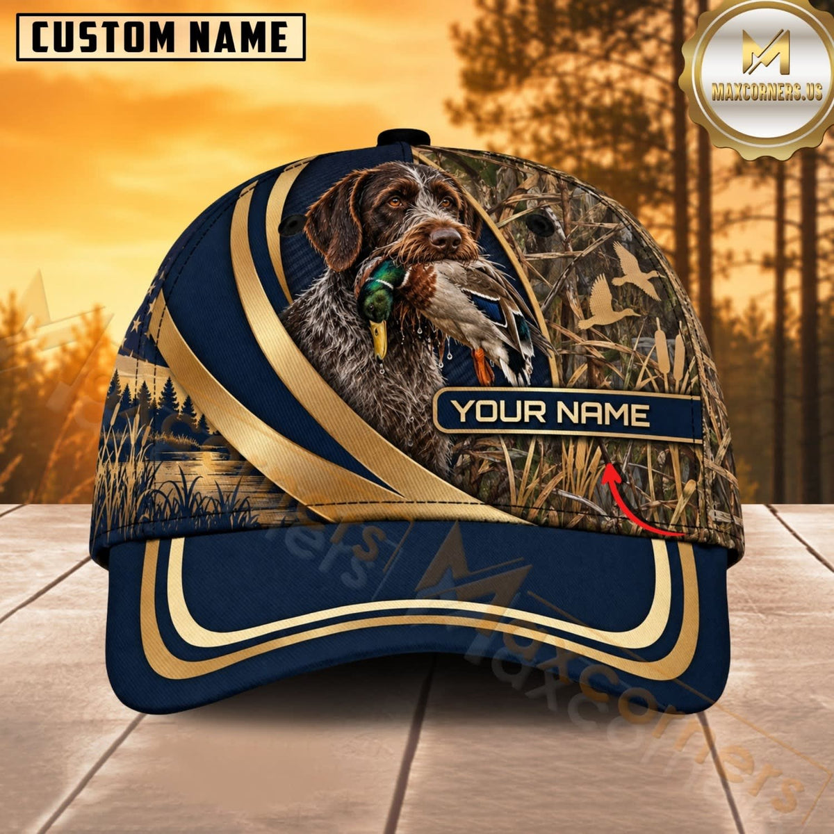 Maxcorners Dog Hunting And Duck Woodland Camo Gold Ribbon American Flag Personalized Name 3D Cap