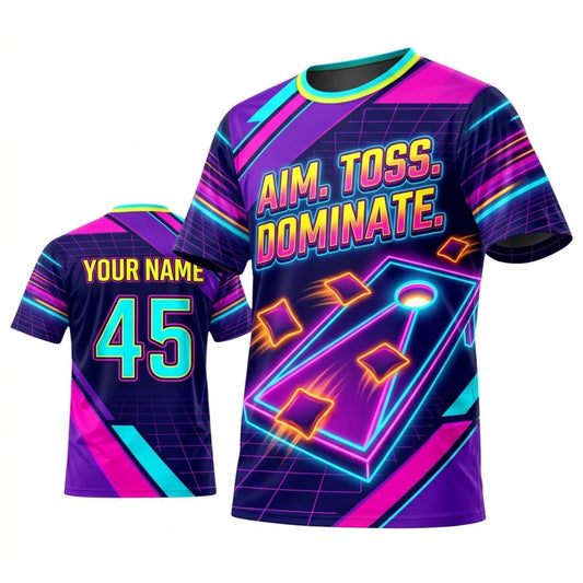 Maxcorners Cornhole Aim Toss Dominate Purple Teal Personalized Name 3D Unisex Shirt
