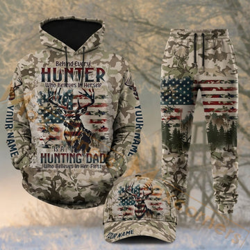 Maxcorners Hunting Hunter Patriotic Deer American Flag Camo Personalized 3D Combo Hoodie, Sweatpants Set & Cap