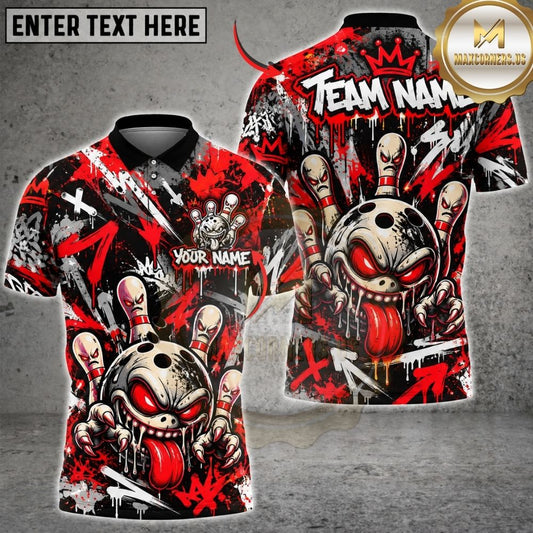 Maxcorners Bowling Angry Monster Skull Tongue Splatter Graffiti Pins Artwork Multicolor Customized Name, Team Name 3D Shirts