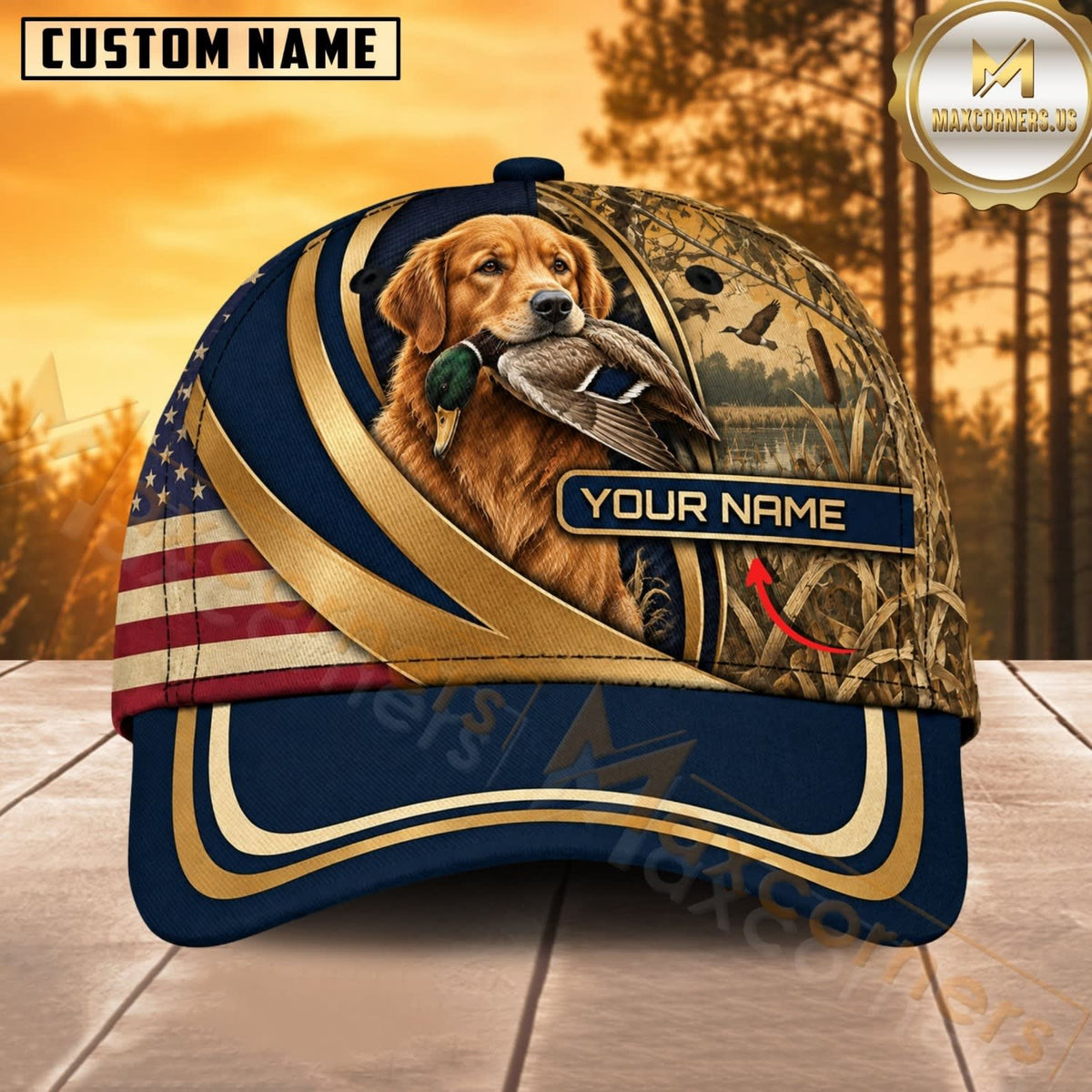 Maxcorners Dog Hunting And Duck Woodland Camo Gold Ribbon American Flag Personalized Name 3D Cap