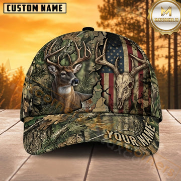 Maxcorners Deer Hunting Whitetail Buck Antler Skull and Buck American Flag Camo Customized Name 3D Cap