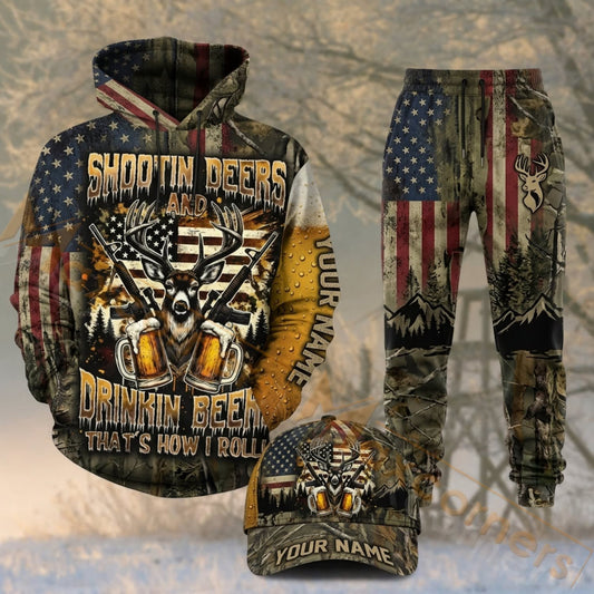 Maxcorners Hunting Shootin Deers Drinkin Beers American Flag Camo Personalized 3D Combo Hoodie, Sweatpants Set & Cap