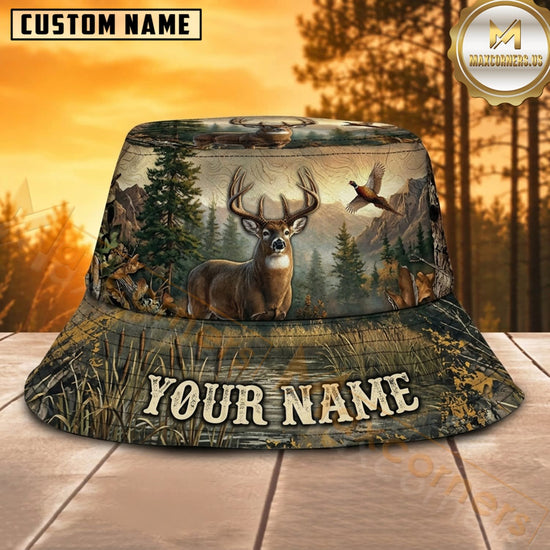 Maxcorners Deer Hunting Misty Pine Forest Personalized Name 3D Bucket Hat