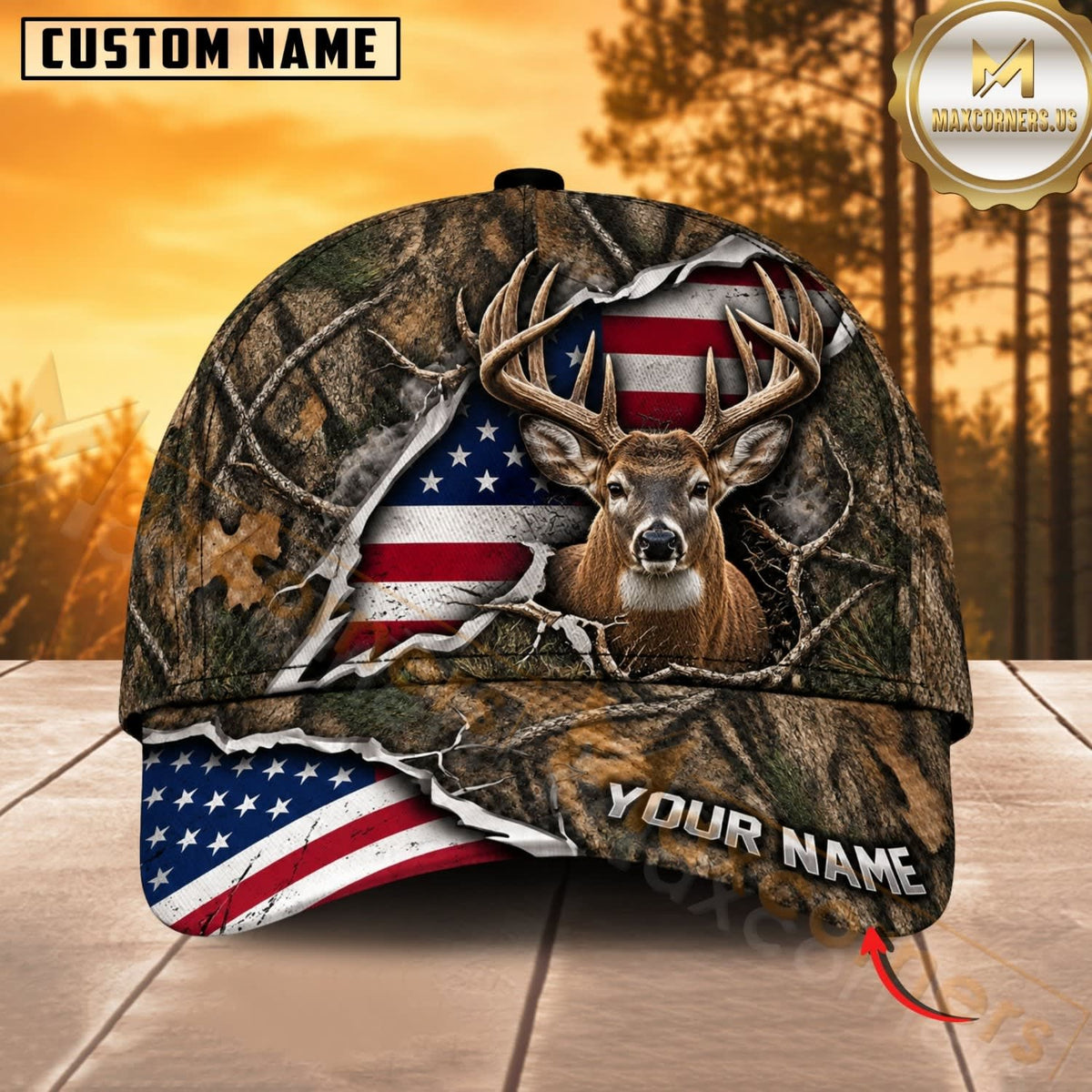 Maxcorners Hunting Wildlife Woodland Camo Ripped American Flag Personalized Name 3D Cap